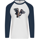 A Vulture Illustration Birds of Prey Mens L/S Baseball T-Shirt White/Navy Blue