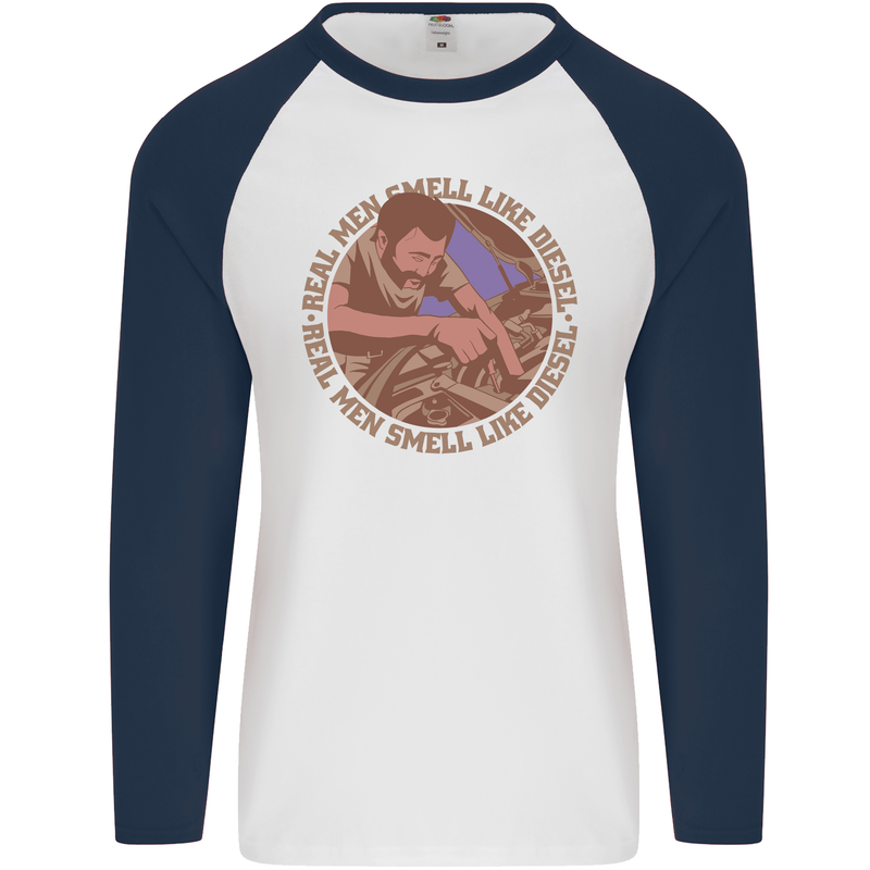 Mechanic Real Men Smell Like Diesel Mens L/S Baseball T-Shirt White/Navy Blue