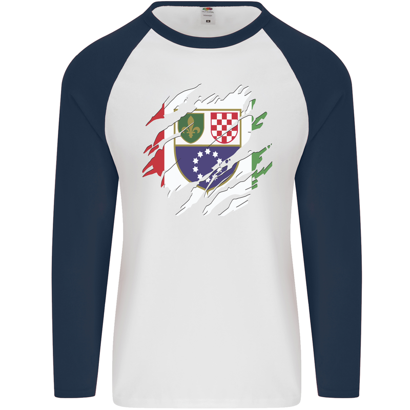 Torn Bosnia and Herzegovina Flag Day Football Mens L/S Baseball T-Shirt White/Navy Blue
