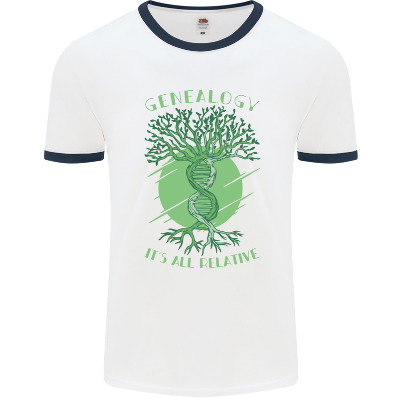 Genealogy Its All Relative Funny DNA Ancestry Mens Ringer T-Shirt White/Navy Blue