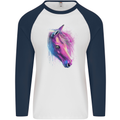 Watercolour Horse Mens L/S Baseball T-Shirt White/Navy Blue