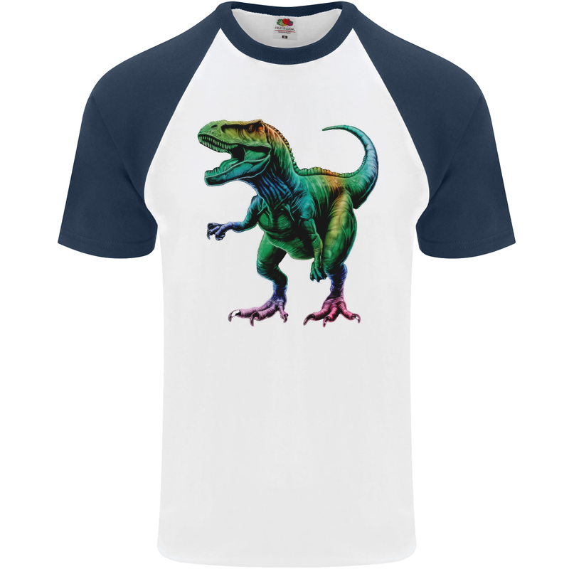 Colourful T-Rex Dinosaur Mens S/S Baseball T-Shirt White/Navy Blue