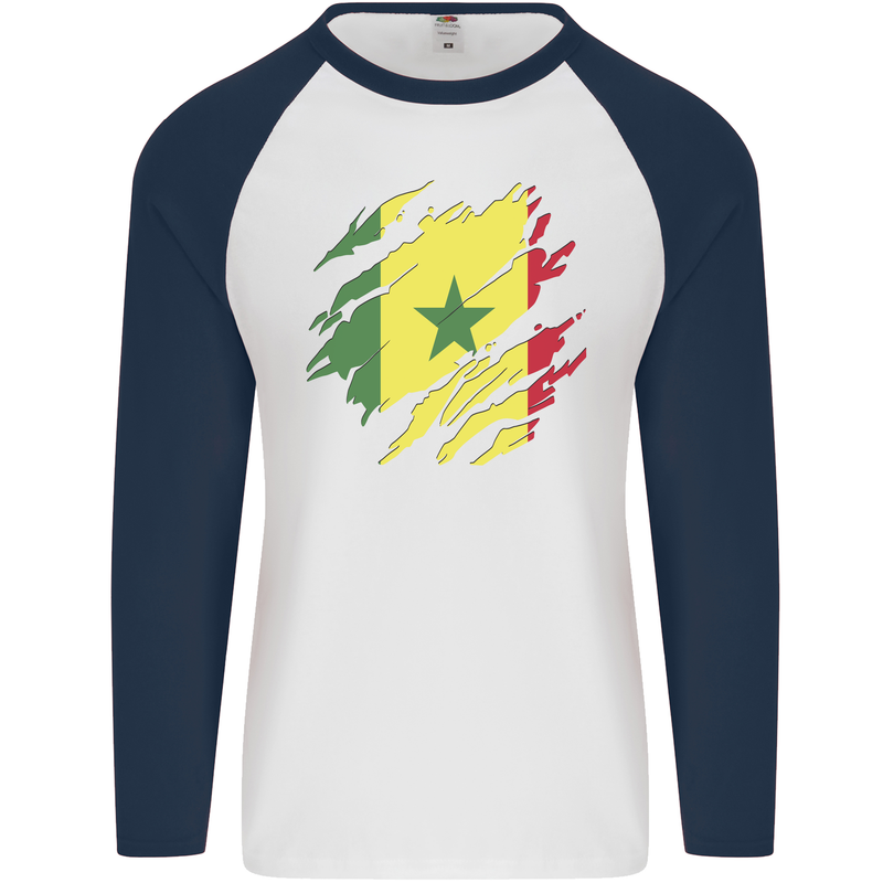 Torn Senegal Flag Senegalese Day Football Mens L/S Baseball T-Shirt White/Navy Blue