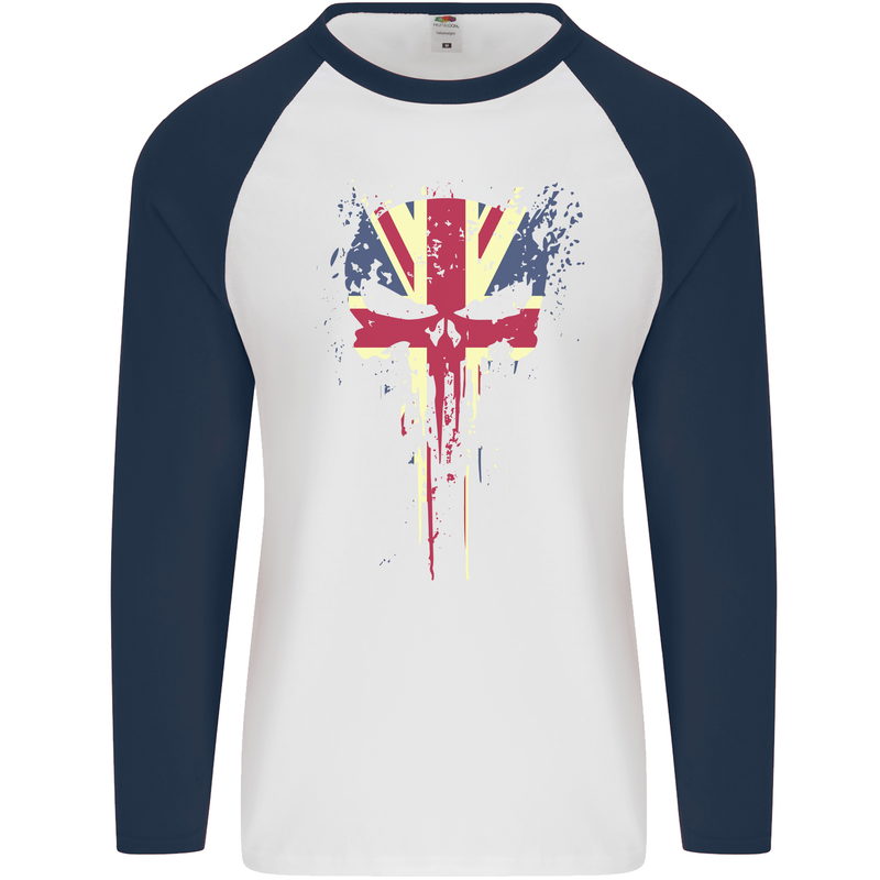 Union Jack Skull Gym St. George's Day Mens L/S Baseball T-Shirt White/Navy Blue