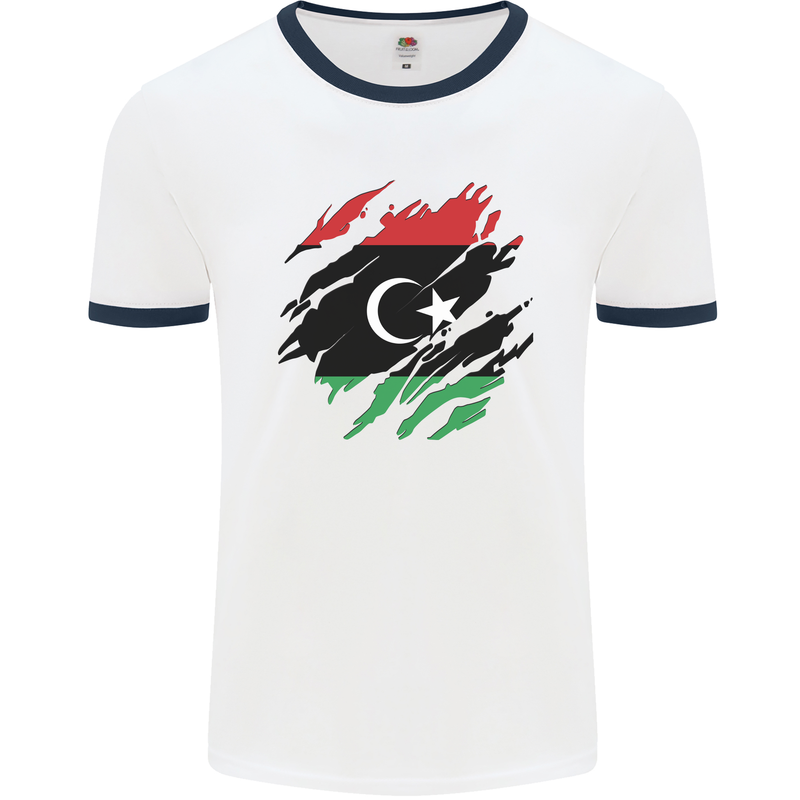 Torn Libya Flag Libyan Day Football Mens Ringer T-Shirt White/Navy Blue