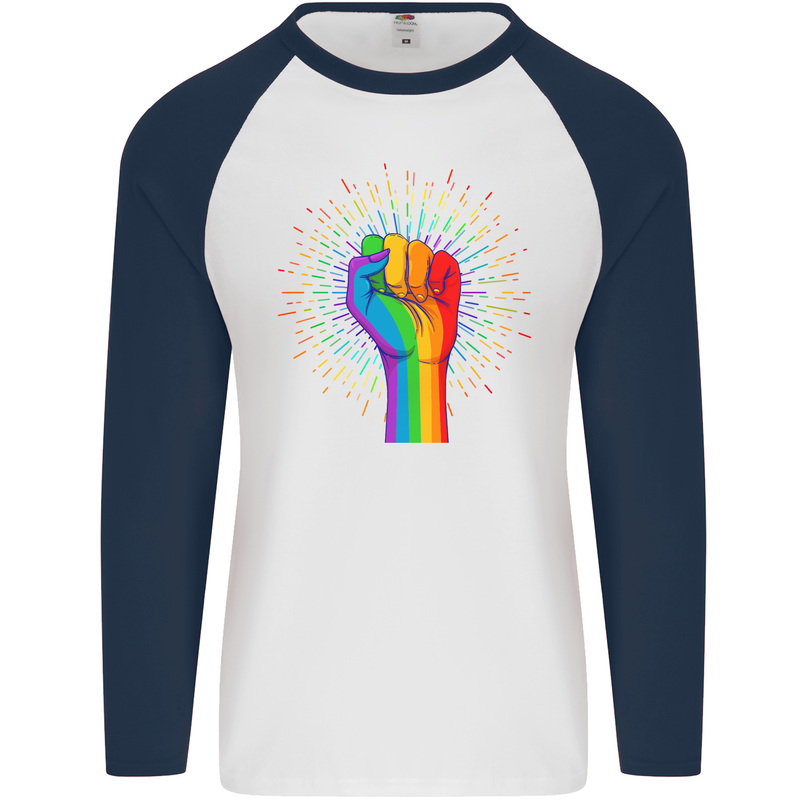 LGBT Fist Gay Pride Day Awareness Mens L/S Baseball T-Shirt White/Navy Blue