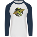 A Funny Alien Stuck in a UFO Flying Saucer Mens L/S Baseball T-Shirt White/Navy Blue