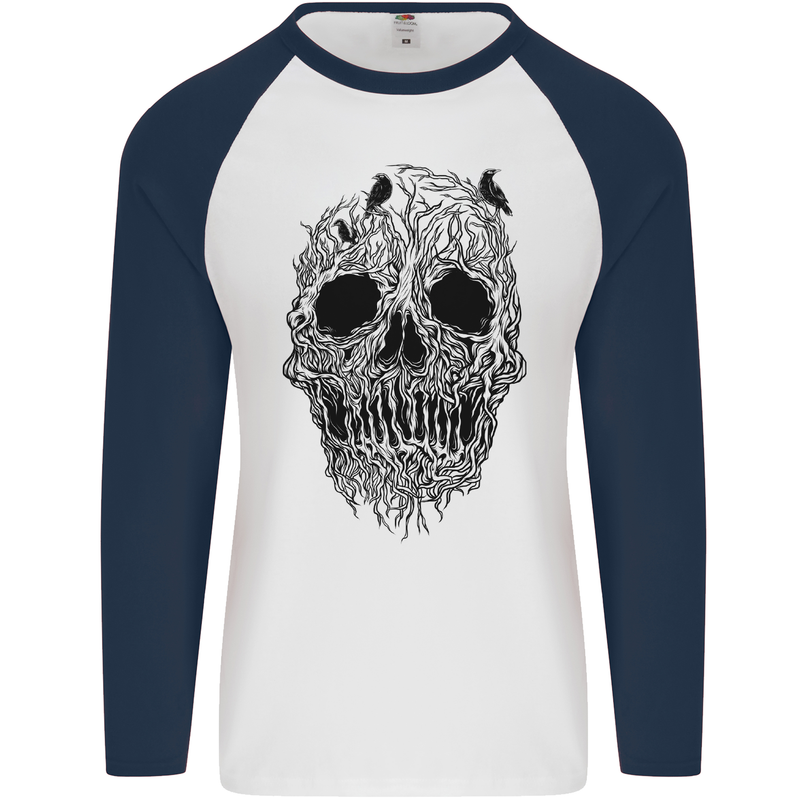 Tree Skull Mens L/S Baseball T-Shirt White/Navy Blue