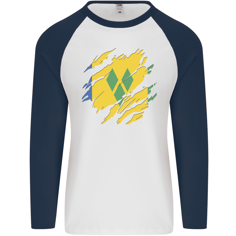 Torn Saint Vincent and Grenadines Flag Football Mens L/S Baseball T-Shirt White/Navy Blue