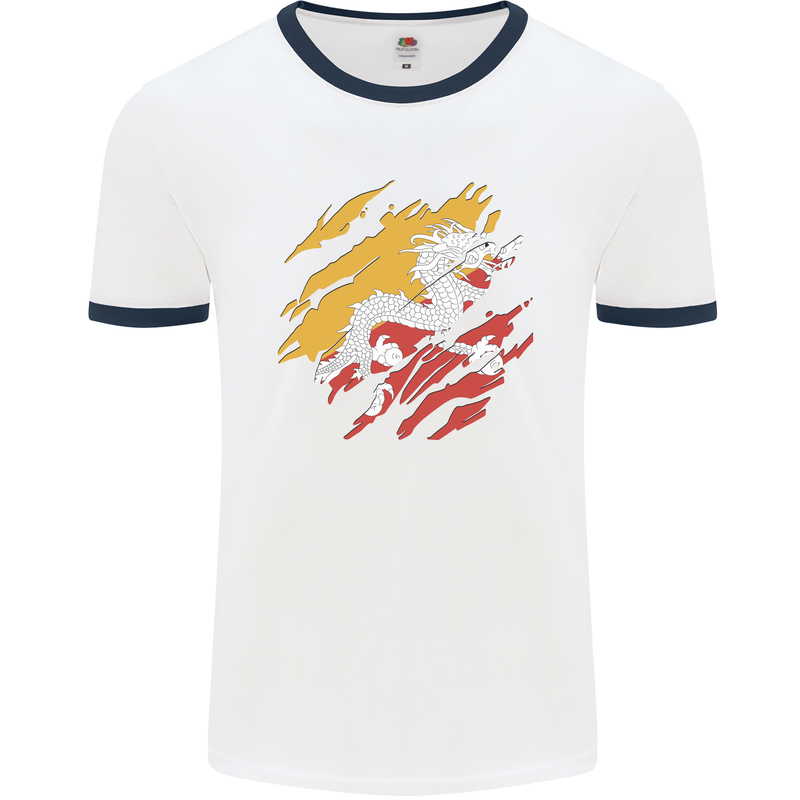 Torn Bhutan Flag Bhutanese Day Football Mens Ringer T-Shirt White/Navy Blue
