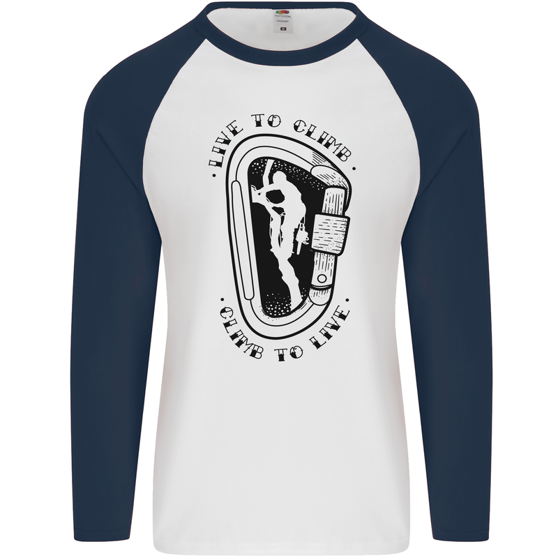 Rock Climbing Live to Climb  Climber Mens L/S Baseball T-Shirt White/Navy Blue