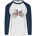 Cycling Steampunk Bicycle Bike Cyclist Mens L/S Baseball T-Shirt White/Navy Blue