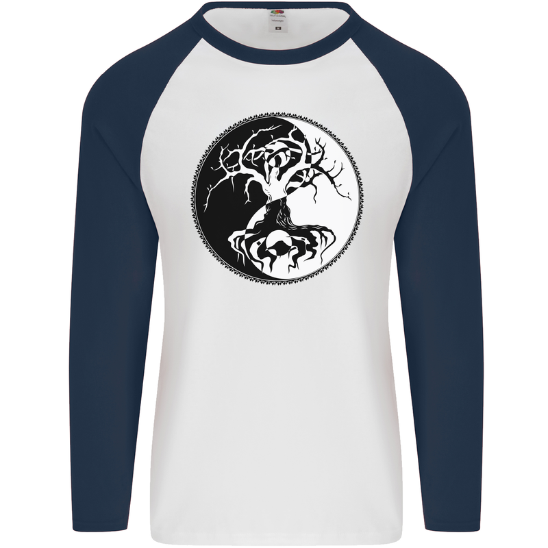Yggdrasil Tree Mens L/S Baseball T-Shirt White/Navy Blue