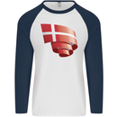 Curled Denmark Flag Danish Day Football Mens L/S Baseball T-Shirt White/Navy Blue