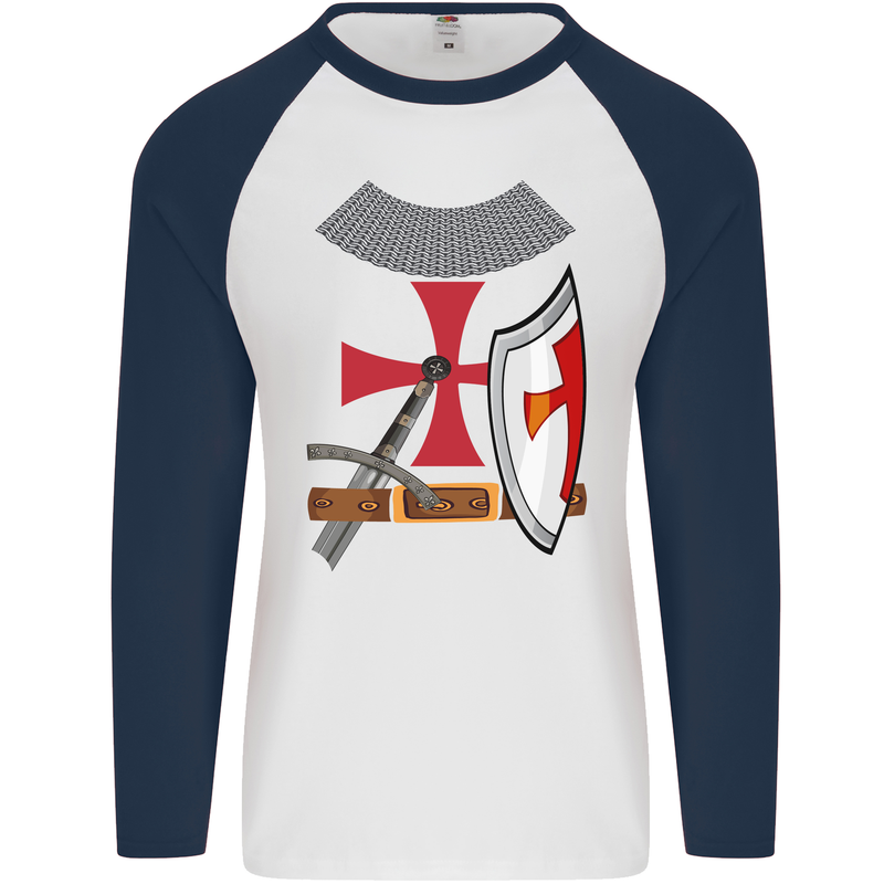 Knights Templar Fancy Dress St Georges Day Mens L/S Baseball T-Shirt White/Navy Blue