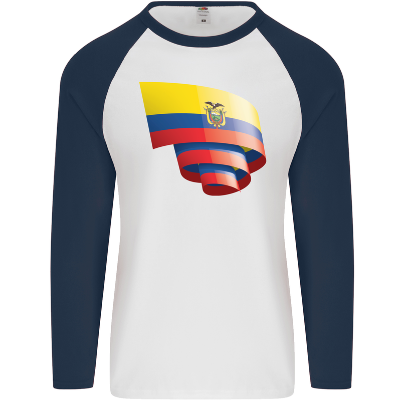 Curled Ecuador Flag Ecuadorian Day Football Mens L/S Baseball T-Shirt White/Navy Blue