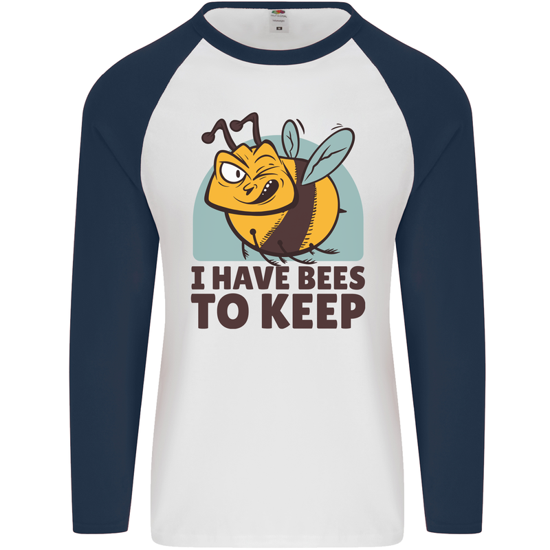 Beekeeper I Have Bees to Keep Mens L/S Baseball T-Shirt White/Navy Blue