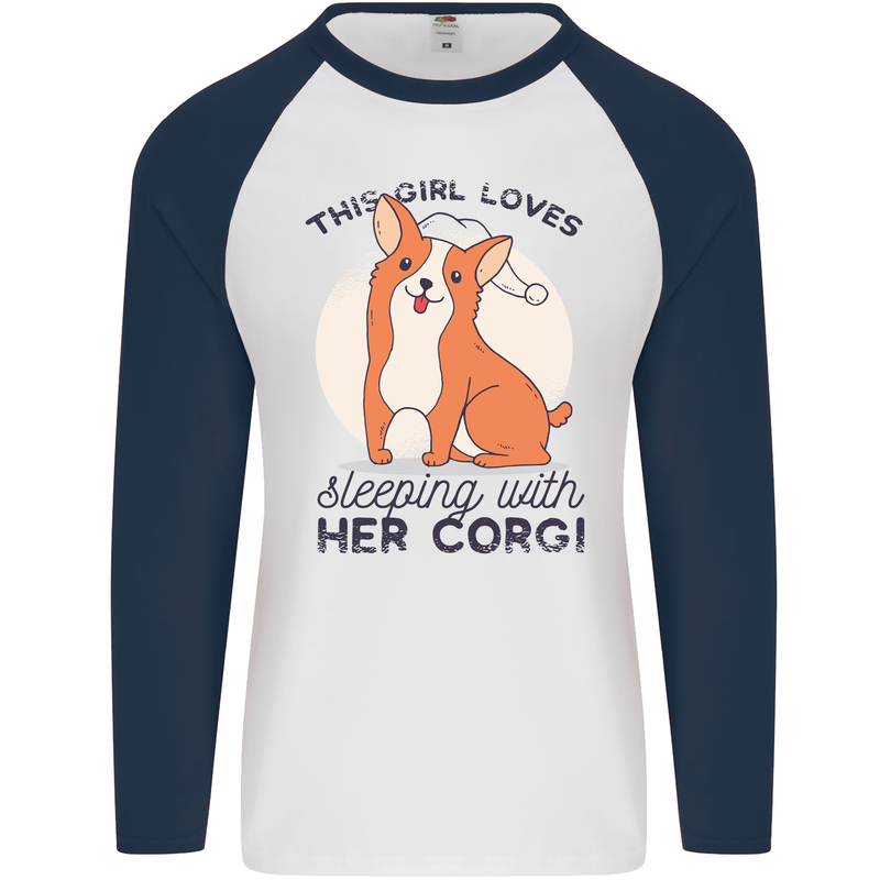 Sleeping With Her Corgi Funny Mens L/S Baseball T-Shirt White/Navy Blue