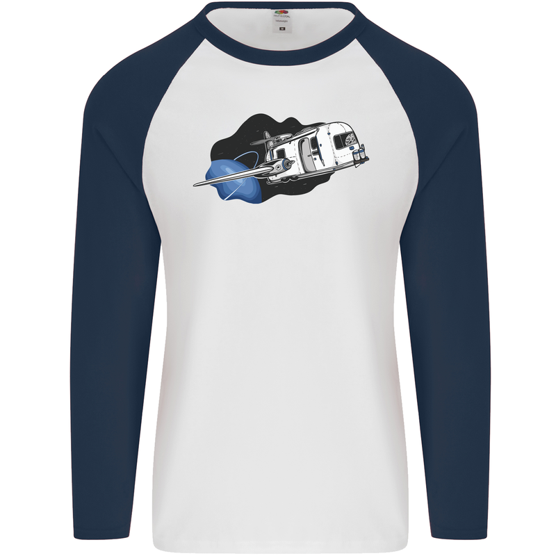 Funny Caravan Space Shuttle Caravanning Mens L/S Baseball T-Shirt White/Navy Blue