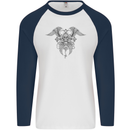 Cross Skull Wings Gothic Biker Heavy Metal Mens L/S Baseball T-Shirt White/Navy Blue