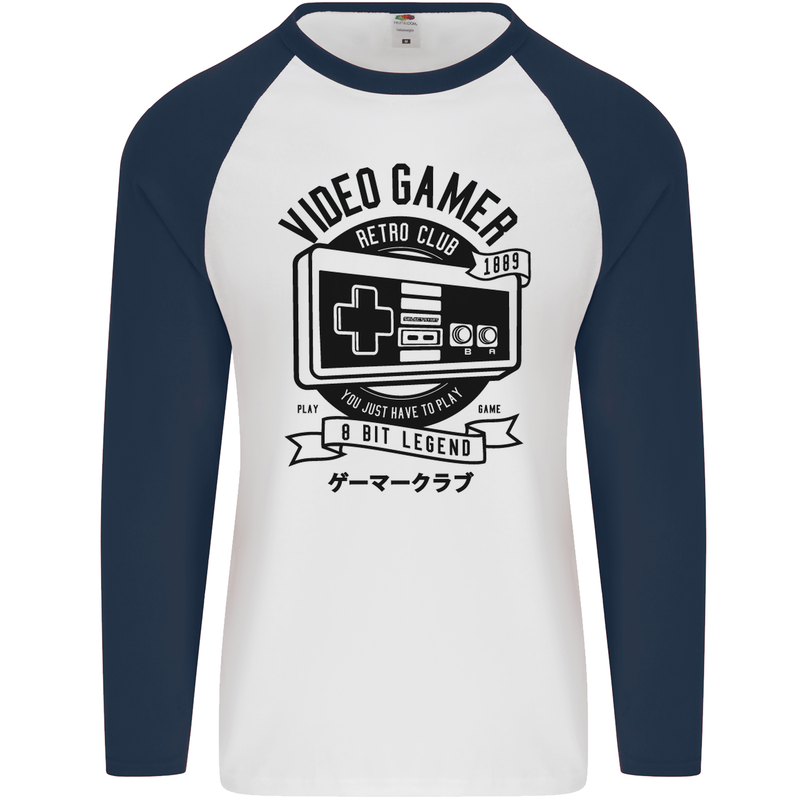 Video Gamer Retro Club Gaming Mens L/S Baseball T-Shirt White/Navy Blue