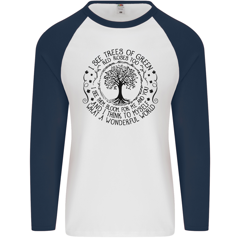 Trees What a Wonderful World Environment Mens L/S Baseball T-Shirt White/Navy Blue