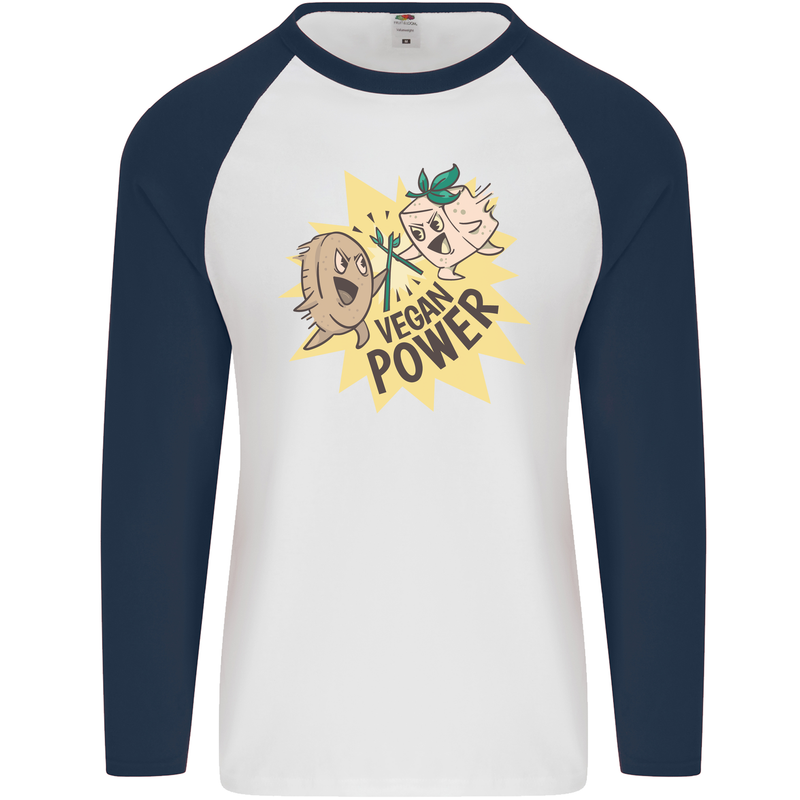 Vegan Power Funny Mens L/S Baseball T-Shirt White/Navy Blue