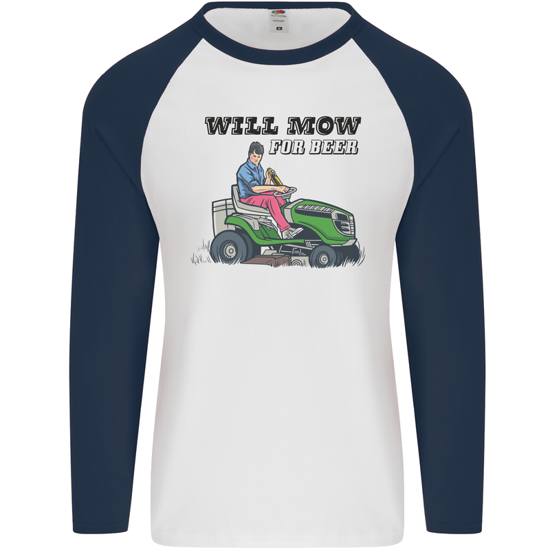 Will Mo the Lawn For Beer Funny Alcohol Mens L/S Baseball T-Shirt White/Navy Blue