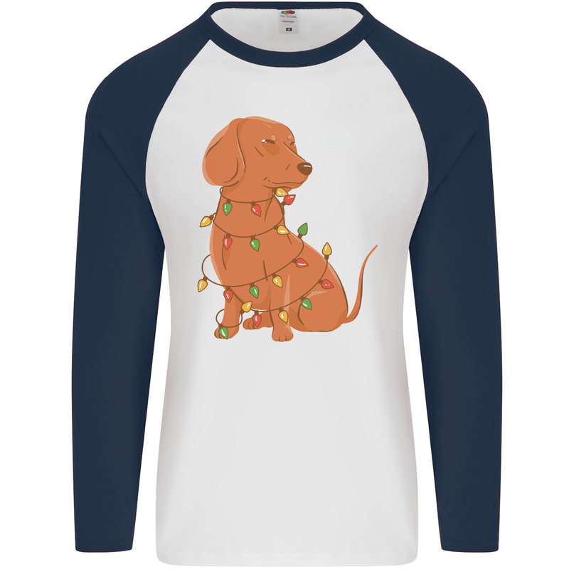 A Funny Christmas Tree Dachshund Mens L/S Baseball T-Shirt White/Navy Blue