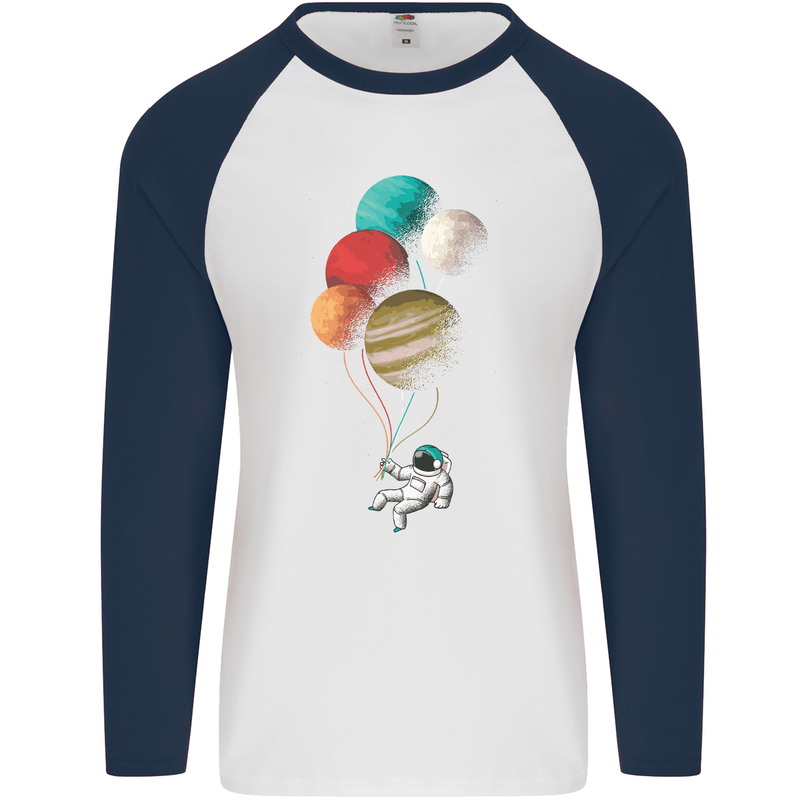 An Astronaut With Planets as Balloons Space Mens L/S Baseball T-Shirt White/Navy Blue