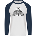 A Gothic Moth Skull Mens L/S Baseball T-Shirt White/Navy Blue