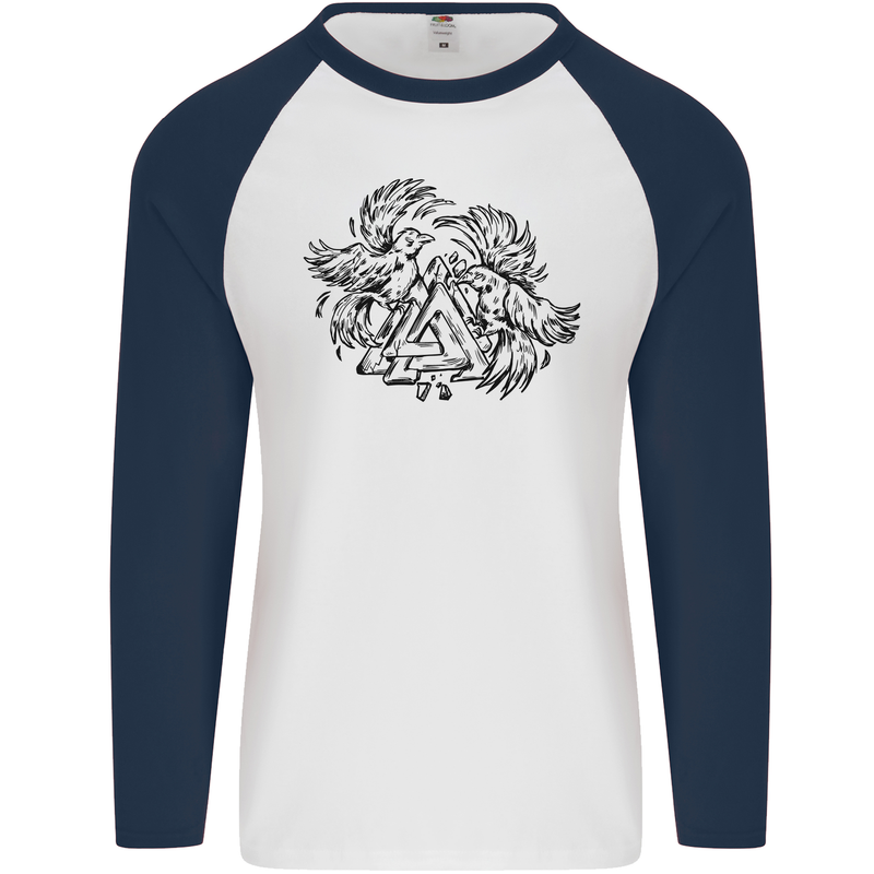Valknut Symbol With Ravens Viking Mens L/S Baseball T-Shirt White/Navy Blue