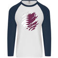 Torn Qatar Flag Qatari Day Football Mens L/S Baseball T-Shirt White/Navy Blue