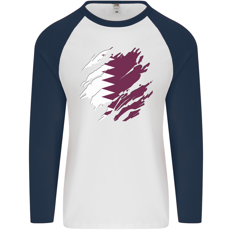 Torn Qatar Flag Qatari Day Football Mens L/S Baseball T-Shirt White/Navy Blue