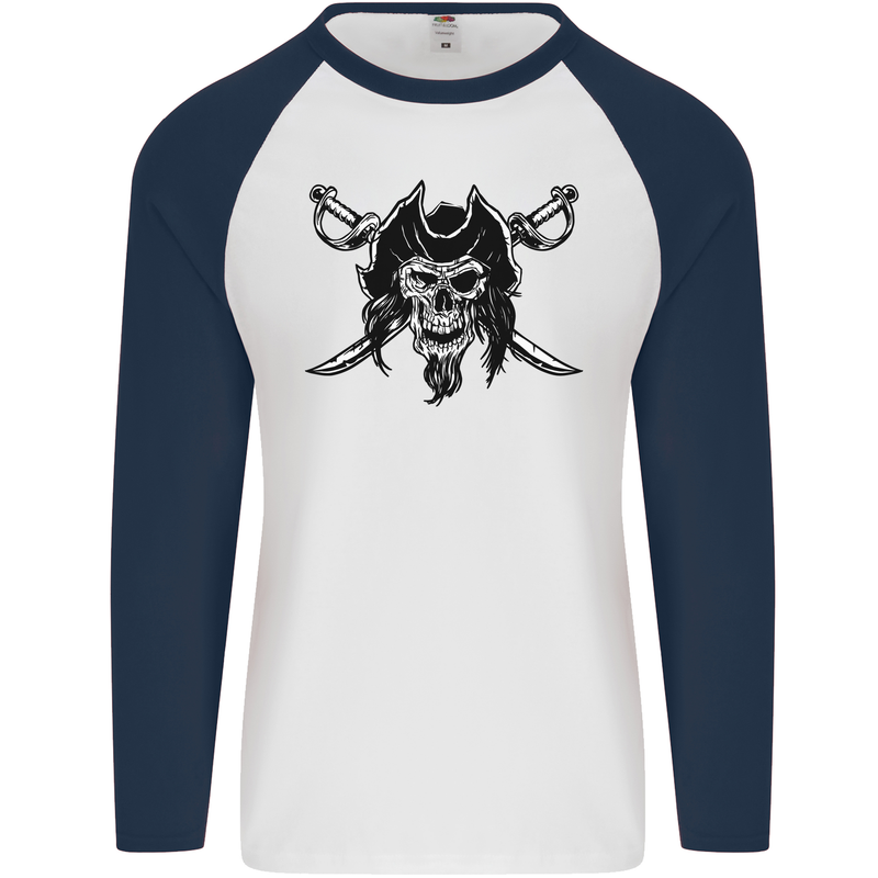 Pirate & Swords Skull Captain Jolly Roger Mens L/S Baseball T-Shirt White/Navy Blue