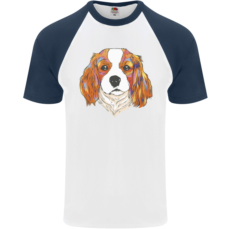 A Colourful King Charles Spaniel Dog Mens S/S Baseball T-Shirt White/Navy Blue