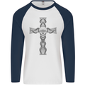 A Gothic Skull and Tentacles on a Cross Mens L/S Baseball T-Shirt White/Navy Blue