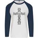 A Gothic Skull and Tentacles on a Cross Mens L/S Baseball T-Shirt White/Navy Blue