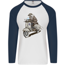 Scooter Skull Motorcycle Biker MOD Mens L/S Baseball T-Shirt White/Navy Blue