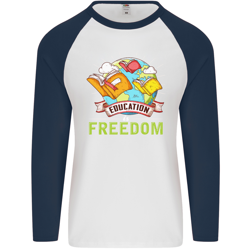 Education Is Freedom Teaching Teacher Mens L/S Baseball T-Shirt White/Navy Blue