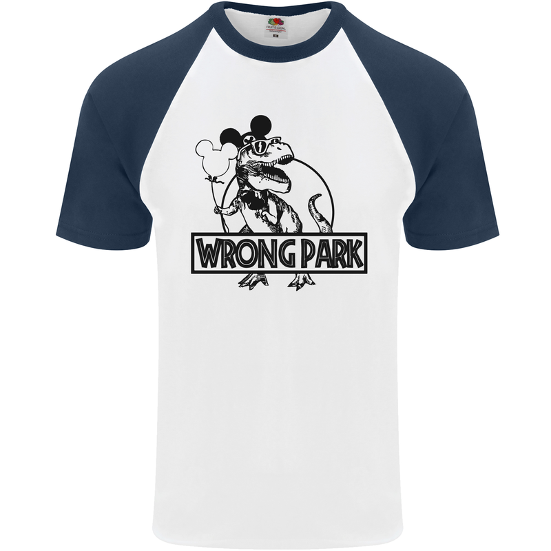 Wrong Park Funny T-Rex Dinosaur Jurrasic Mens S/S Baseball T-Shirt White/Navy Blue