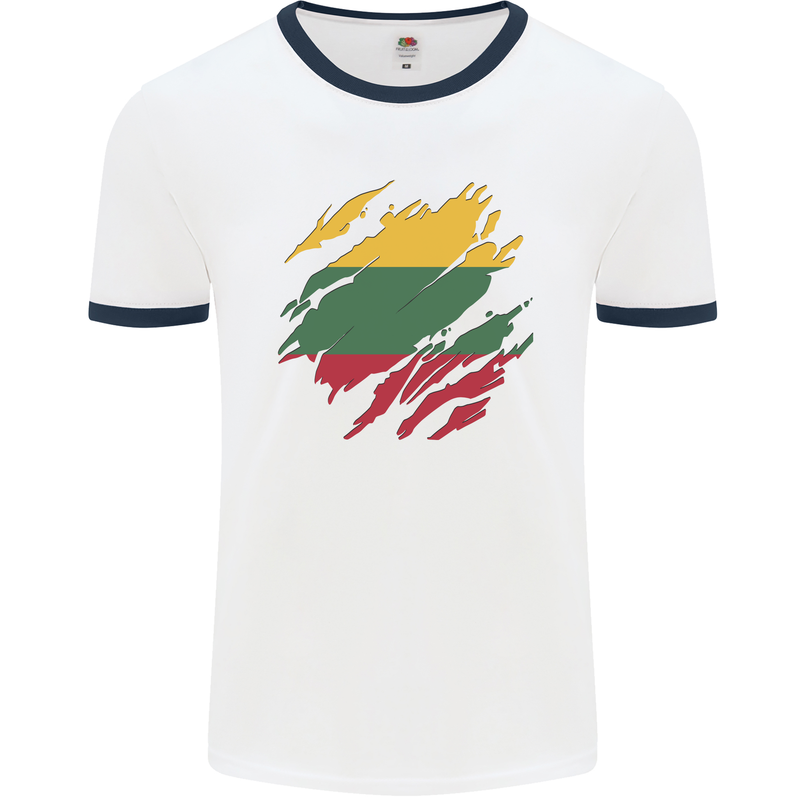 Torn Lithuania Flag Lithuania Day Football Mens Ringer T-Shirt White/Navy Blue