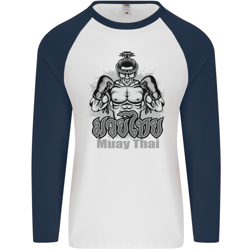 Muay Thai Boxing MMA Martial Arts Kick Mens L/S Baseball T-Shirt White/Navy Blue