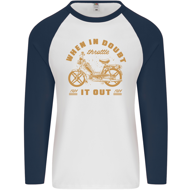 In Doubt Moped Biker Motorcycle Scooter Mens L/S Baseball T-Shirt White/Navy Blue