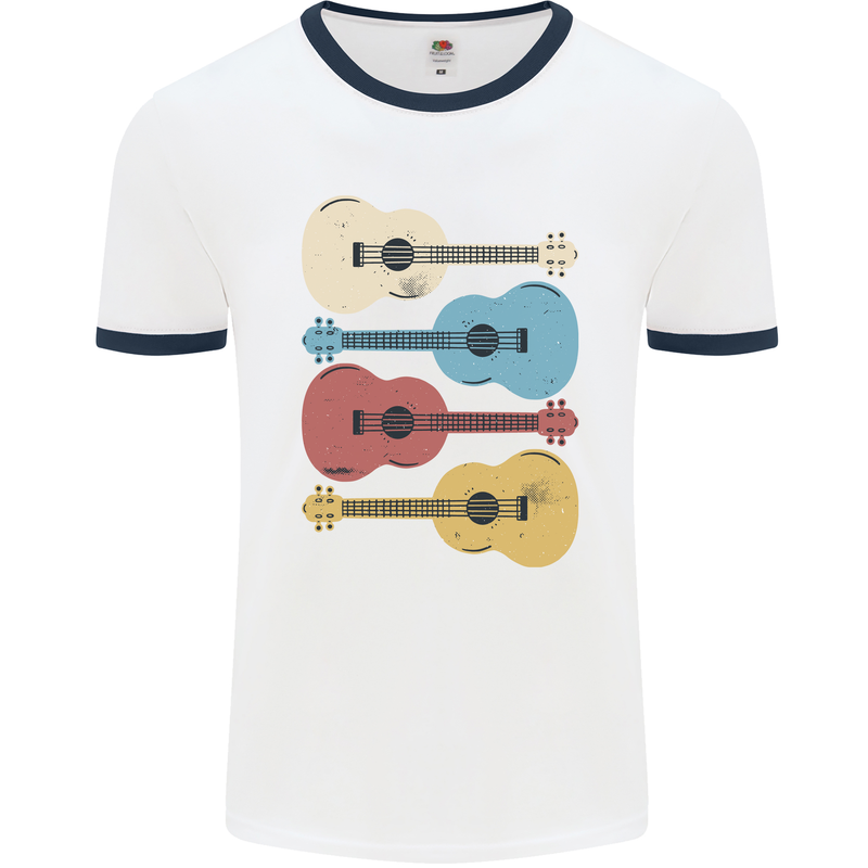 Four Ukulele Guitars Mens Ringer T-Shirt White/Navy Blue