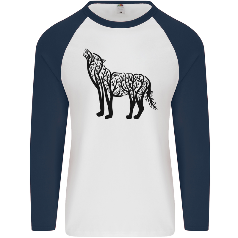 Wolf Tree Animal Ecology Mens L/S Baseball T-Shirt White/Navy Blue