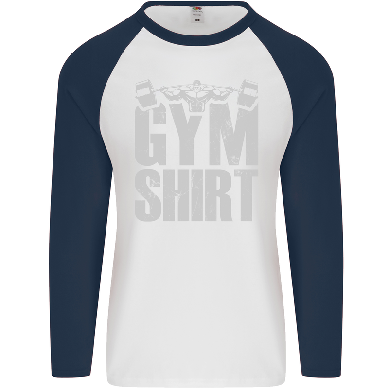 Gym Training Top Bodybuilding Weightlifting Mens L/S Baseball T-Shirt White/Navy Blue