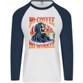 No Coffee No Work Funny Skull Grim Reaper Mens L/S Baseball T-Shirt White/Navy Blue