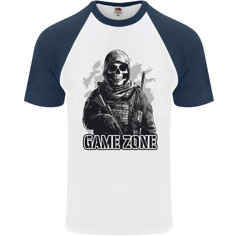 Game Zone Special Forces Video Game Skull Mens S/S Baseball T-Shirt White/Navy Blue