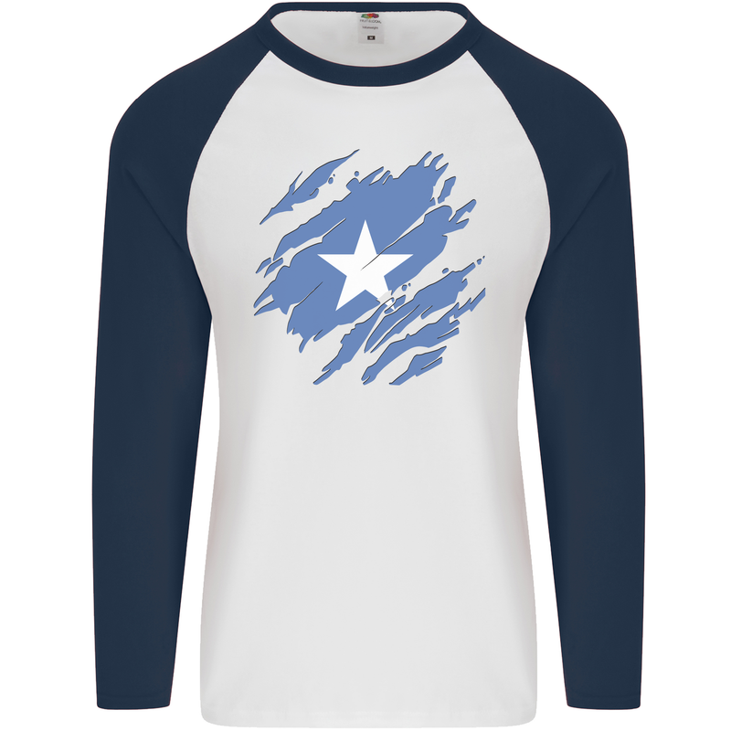 Torn Somalia Flag Somalian Day Football Mens L/S Baseball T-Shirt White/Navy Blue